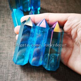 10Pcs Rainbow Blue Aura Titanium Coated Quartz Crystal Standing Point Tower Obelisk Wand Healing Reiki Crystal Grid Generator Specimen Decor