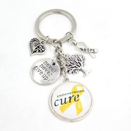Wholesale cancer keychain Cabochon Cancer Yellow Ribbon Endometriosis Awareness Jewellery Never give up hope Charms Keychain Keyrings Gift