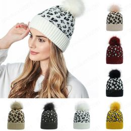 Leopard Knitted Hat Pom Pom Fur Ball Beanies Cap Women Winter Wool Hats Outdoor Warm Skull Beanie Caps 9 Styles