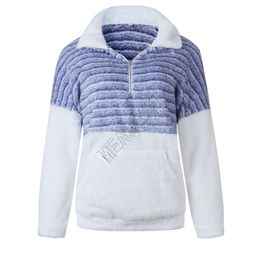 Designer Womens Sherpa Fleece Hoodie Warm Plush Furry Pullover Sweaters Fashion Striped Half Zipper Blouses Outwear Plus Size Tops D91711