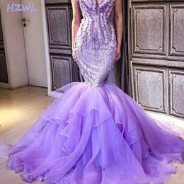 Lavender Off Shoulder Mermaid Prom Dresses 2021 Saudi Arabia Tiered Sweep Train Evening Gowns Zipper Back Formal Party Dress