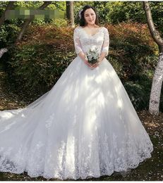 2021 Ballgown Wedding Dresses 3/4 Long Sleeves Chapel Train Corset Back Custom Made Plus Size Wedding Gown vestido de novia