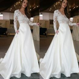 Cheap Elegant Lace Long Sleeve A-Line Wedding Dresses Deep V-Neck Satin See-Through Pocket Wedding Dress Bridal Gowns Vestido de Noiva