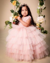 Pink V-neck 2020 Flower Girl Dresses Ball Gown Tiers Tulle Little Girl Wedding Dresses Vintage Communion Pageant Dresses Gowns F211