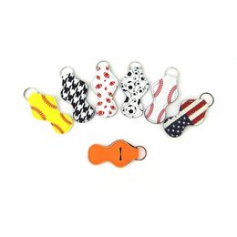 Neoprene Keychain Sports Printed Chapstick Holder Leopard Keychian Baseball Lipstick Cover Keychain Wrap Lip Cover Party Favor Gift HHE1295