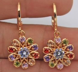 Luxury Jewelry for Women Flower White/Yellow Gold Filled Hoop Earrings With Hollow Windmill Rainbow Zircon Lady Earrings 2 Color