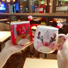 Christmas Gift Cartoon Cute Cups Fawn Printed Lid Spoon Creative Lovely Couples Porcelain Cups Office Cute Fashion Coffee Cups Mugs VT1707