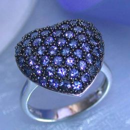 Korean Cute Blue Crystal Zircon Wedding Rings For Women Luxury Elegant Heart Shaped Engagement Rings Party Girls Jewelry