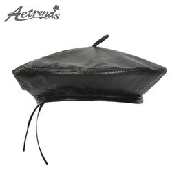 [AETRENDS] Women's Berets Black Real Sheepskin Leather Beret Hats for Women Waterproof Flat Artist Hat Z-10100