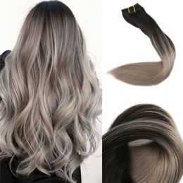 Ombre Clip in Human Hair Extensions #1B fading to #18 Ash Blonde Balayage Double Weft Clip on Hair Extensions 8pcs/120g