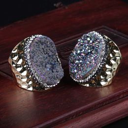 Natural Rough Oval Color Purple Druzy Stone Bead Charm Pave Rhinestone Big Wide Wrap Hammered Gold Open Ring cuff Women Jewelry