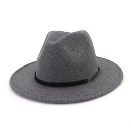 Men Women Woollen Jazz Fedora Hats with Leather Belt Wide Flat Brim Party Formal Hat Trilby Panama Fedoras