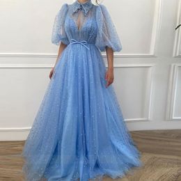 Chic Baby Blue Prom Dresses with Half Sleeve High Neck Ruched Tulle Bow Tie Belt Formal Party Wear Evening Gowns