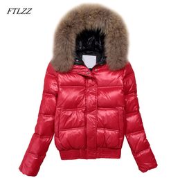 Women's Down & Parkas FTLZZ Hooded Real Raccoon Fur Winter Jacket Women Long Sleeve Slim White Duck Coat Female Zipper Pockets Outwear