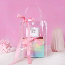 Transparent Plastic Bag With Paper Box Gift Bags With Handle Bow Waterproof PVC Clear Handbag Party Favours Candy Sugar Bag Custom Logo