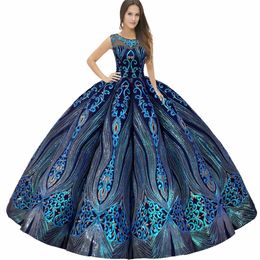 Royal Blue Shimmering Illusion Collar Quinceanera Dress Folding Pleated Petticoat Jupon Tarlatan Inside Keyhole Back Sequined Skirt