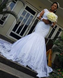 Vintage White Lace Mermaid Wedding Dress 2021 Design Appliques Court Train Bride Dresses Illusion Long Sleeve African Bridal Gowns Vestidos de Novia