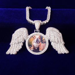 Solid Back Wings Round Memory Picture Photo Pendant Tennis Necklace Micro Pave Charm Men's Hip hop Rock Jewellery