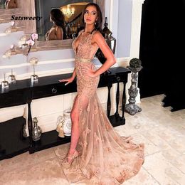 Lace Mermaid Evening Dresses With Lace Appliques 2021 Beadings High Side Split Long Formal Party Dress Vestidos De Fiesta