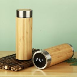 Wholesale Temperature Display Bamboo Thermos Travel Sport Double Wall Vacuum Flask Stainless Steel Portable Coffee Tea Mug
