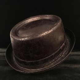 4 Big Size Leather Pork Pie Hat For Dad Fedora Hat Men Boater Flat Top For Gentleman Bowler Porkpie Top Dad Hats