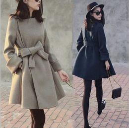 Fashion- Womens Warm Winter Fitted Trench Coat Lady Lapel Slim Long Jacket Outerwears with Bow Belt