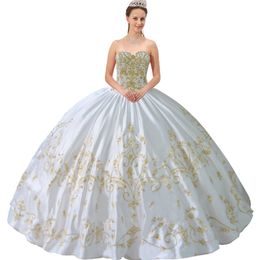 Traditional Strapless Swirling Beaded Embroidery Quinceanera Dress Charro Floor Length Satin Skirt White With Gold Sweet 16 Ball Gown