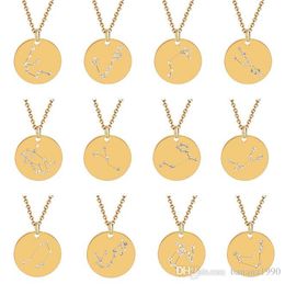 Stainless Steel Crystal Coin Zodiac Sign Necklace Pendant Necklaces Jewelry diamond Studded Bring You Luck Nickle Free