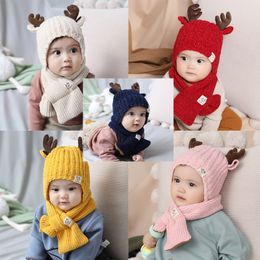 Xmas Baby Knitted Beanie Child Milu Deer Horn Hat Add Wool Scarf 2 Pieces Kids Outdoor Candy Color Winter Warm Scarf Hat