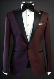 Hot Selling Groomsmen Peak Black Lapel Groom Tuxedos Burgundy Men Suits Wedding/Prom/Dinner Best Man Blazer ( Jacket+Pants+Tie) K621