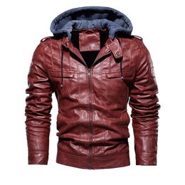 2020 Men Vintage Motorcycle Jacket Mens Outdoor Casual PU Leather Jacket Man Winter Coat Hooded Collar Club Bomber Jackets