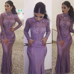 2022 Sexy High Neck Mermaid Prom Dresses Illusion Long Sleeves Appliques Lace Beaded Arabic Dubai Trumpet Formal Evening Gowns