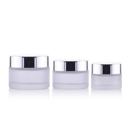 200 X New Design Frost Glass Make Up Cream Jar Pot Containers With Uv Shining Silver Cap White Pad 15g 30g 50g LX3157