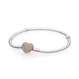 NEW 100% 925 Sterling Silver Rose Gold Heart Bracelet Clear CZ Small Size Charm Bead Fit Children Lovely DIY Jewellery Four Gifts