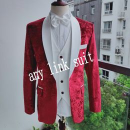 One Button Wine Velvet Pattern Groom Tuxedos White Shawl Lapel Groomsmen Mens Suits Wedding/Prom/Dinner Blazer (Jacket+Pants+Vest+Tie) K549