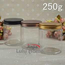 50pc/lot 250ml Clear Plastic Cosmetic Jar Serum Bottle Gold Brown Black Plating Aluminum Cover 250g Cream Container