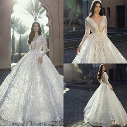 Elie Saab 2021 Country Wedding Dresses Long Sleeve V Neck Lace Appliqued Beads Beach Bridal Gowns Robe de Mariee