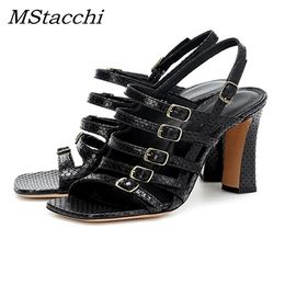 MStacchi New Sexy High Heels Cow Leather Gladiator Sandals Shoes Woman Roman Print Buckle Thick High Heels Shoes Woman Footwear 0922