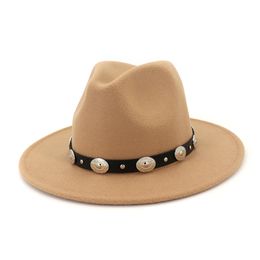 Unisex Wide Brim Wool Jazz Hat Cap Rivet Belt Decor Panama Trilby Fedora Hats Men Women Lovers Party Carnival Formal Hat