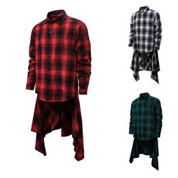 Men Casual Plaid Shirts Long Sleeves Hip Hop Loose Front Short Back Long Designer Blouse for Teens