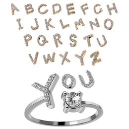 Fashion 26 Initial Letters adjustable Rings For Women crystal English alphabet Gold Silver Ring Jewelry Gift