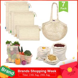 14 Pack Reusable Produce Bags Organic Cotton Mesh Bags with Drawstring Bonus Reusable Grocery Bag for Shopping Storage Washable 200919