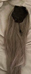 Fashion human silver grey long sleek ponytail clip in salt n pepper gray ponytail hair extension gray hair piece