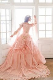 Mediaeval Pink Ball Gown Wedding Dresses 2021 Vintage Halloween Off Shoulder Royal Sleeve lace Pearls Garden gothic lace-up bridal 278I