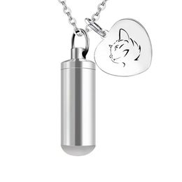 Pet Ashes Necklace For Cat Stainless Steel Cylinder Cremation Urn Memorial Jewelry Pendant With Fill Kit Velvet Bag