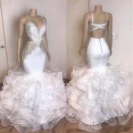 White Beaded Backless Mermaid Prom Dresses Spaghetti Straps Sequined Evening Gowns Ruffled Organza Sweep Train Formal Dress