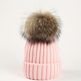 New Raccoon Fur Ball Cap Pom Poms Winter Hat for Women Knitted Hat Girl Knitted Beanies Cap Thick Warm Female Girls Pompom Cap