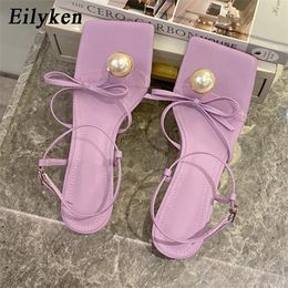 Eilyken Fashion Pearl Decoration Clip Toe Womens Butterfly-Knot Lace Up Sandals Ankle Buckle Strap Low Heels Female Shoes 0926 0928