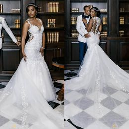 New Elegant African Mermaid Wedding Dresses Sheer Neck Lace Appliques Bridal Gowns Illusion Zipper Back Wedding Vestido De Noiva