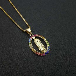 Stainless Steel Rainbow Rhinestone Virgin Mary Mama Pendant Necklace Religious Mary Christ Virgin Necklaces Gift For Him1226r
